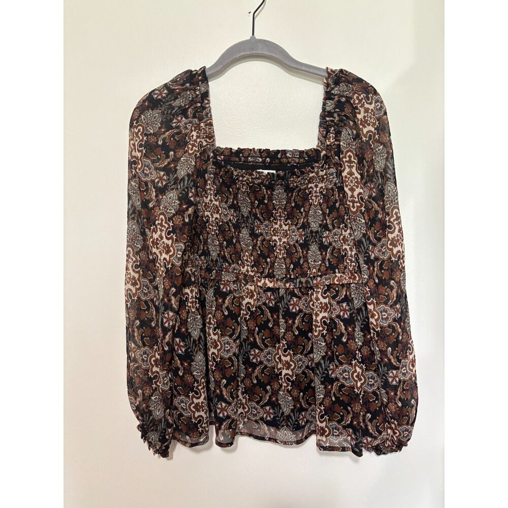 Wonderly Boho Smocked Peasant Blouse Paisley Print Long Sleeve M Cottagecore